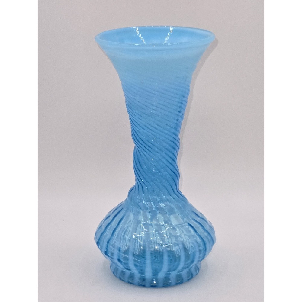 Fenton Blue Opalescent Spiral Swirl Art Glass Vase 7.75"